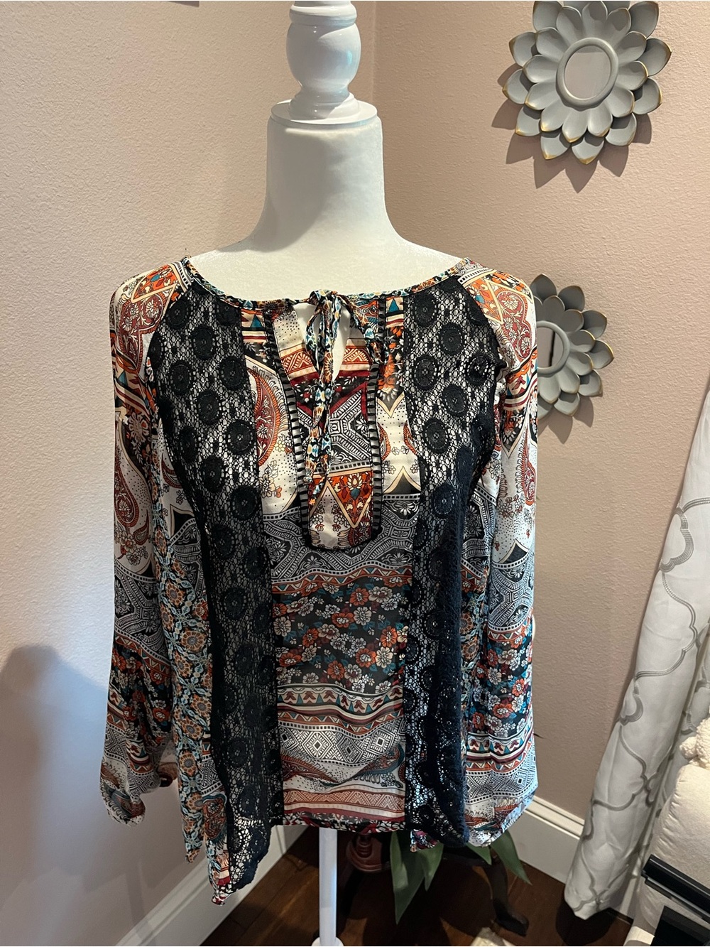 fig and flower Boho Paisley Lace-Trim Top - Black, Rust & Cream